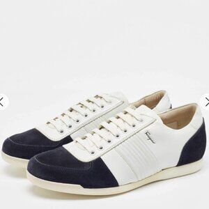 Salvatore Ferragamo Men White/Navy Blue Leather and Suede Sneakers Size 11.5